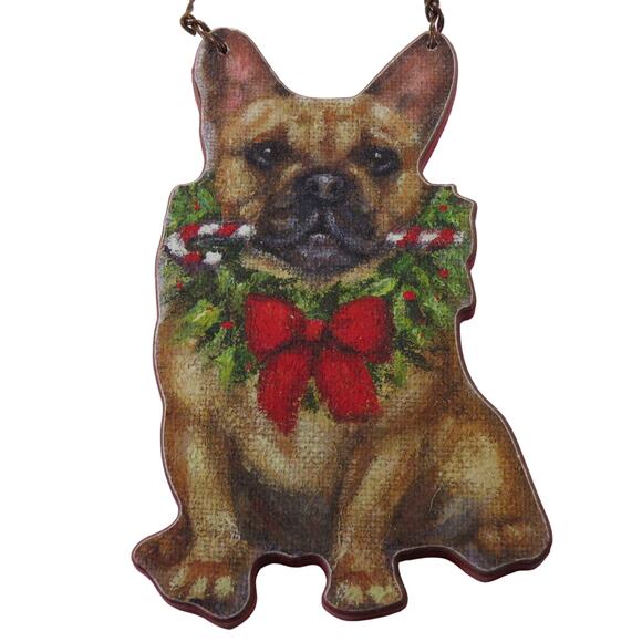 French Bulldog Christmas Tree Ornament Décor 4.5 " Tall Wreath,  Candy Cane - Picture 12 of 14